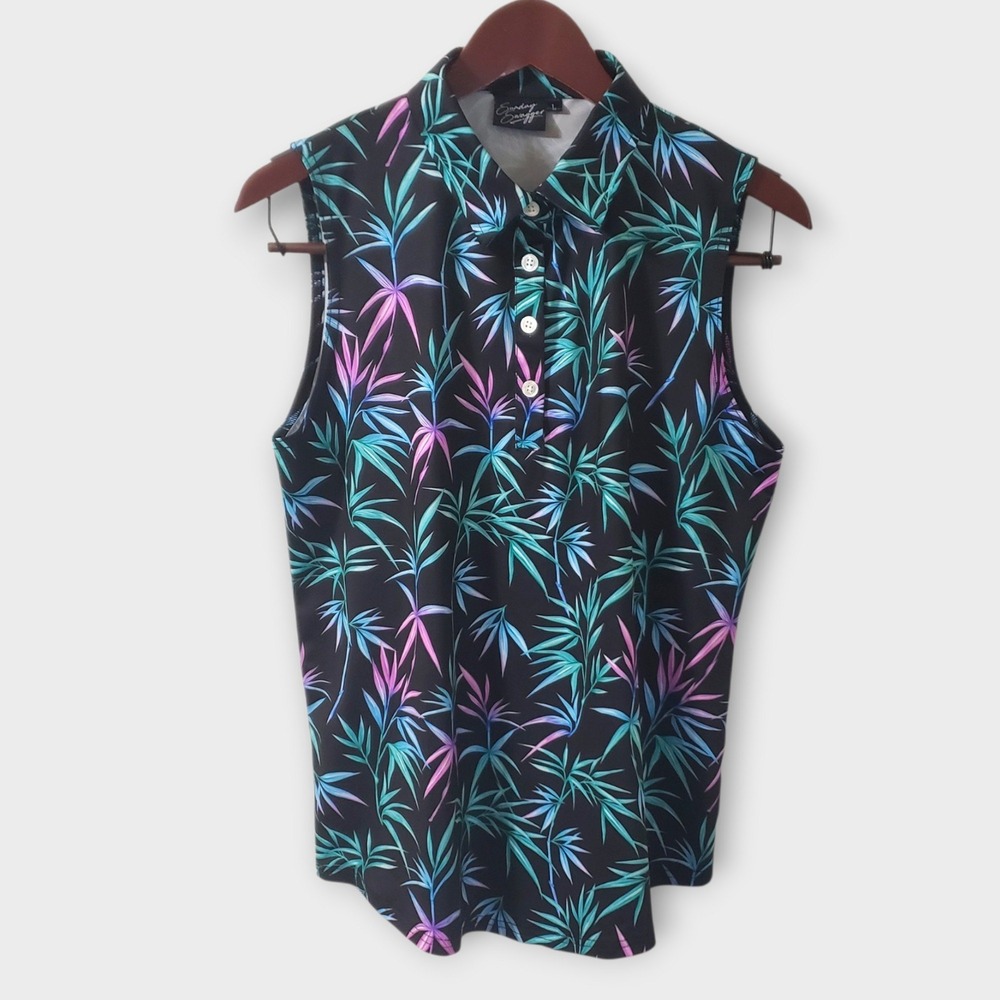 Sunday Swagger Womens Sleeveless Golf Polo Shirt Black Multi Tropical Floral Lg